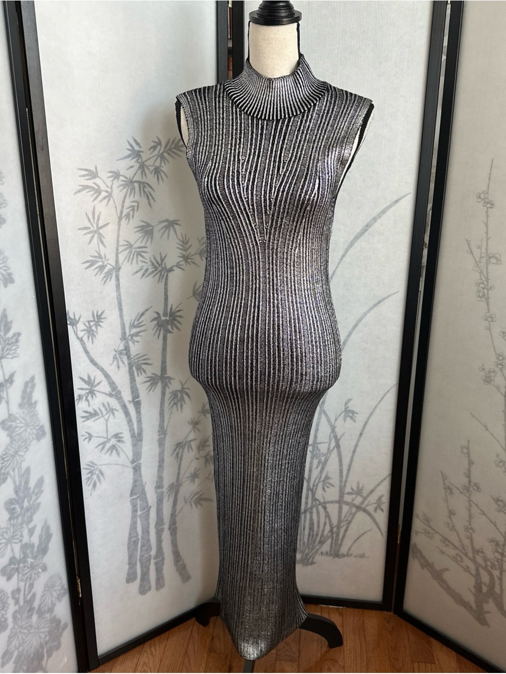 Zara Metallic Ribbed Sleeveless Maxi Dress - Silver & Black